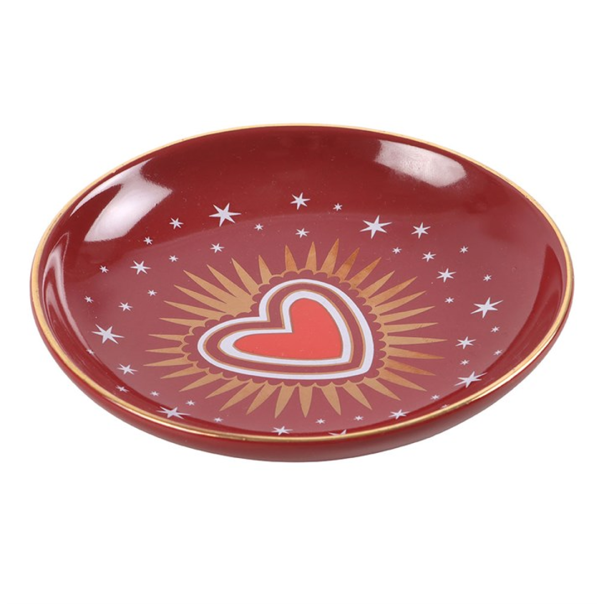 Red ceramic trinket dish with a heart and star design on a white background