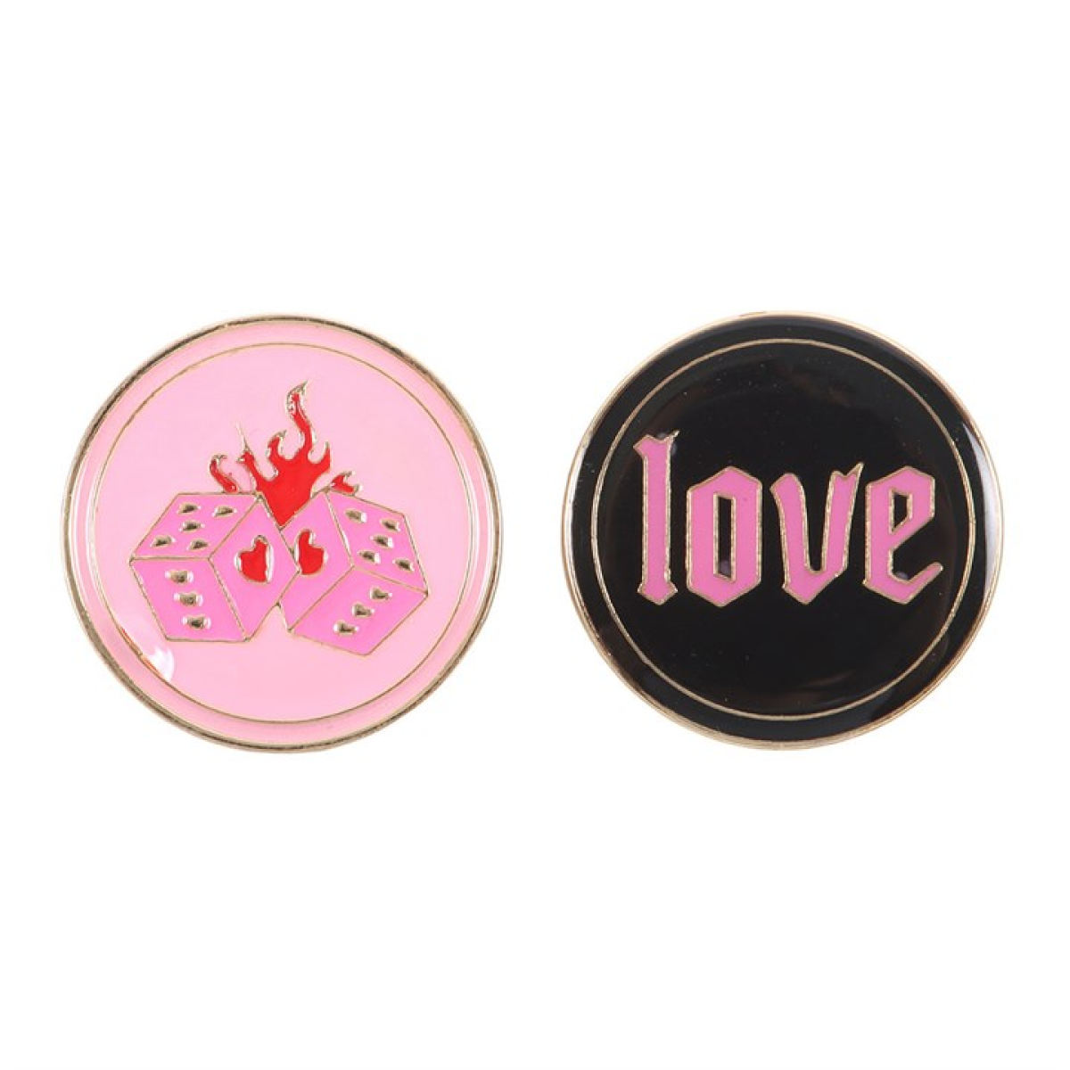 Flaming Dice and Love Pin Badge Set