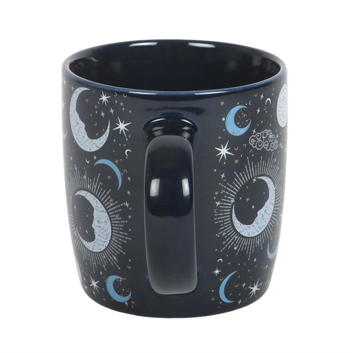 Navy mug with celestial design featuring moons and stars on a white background, view of handle
