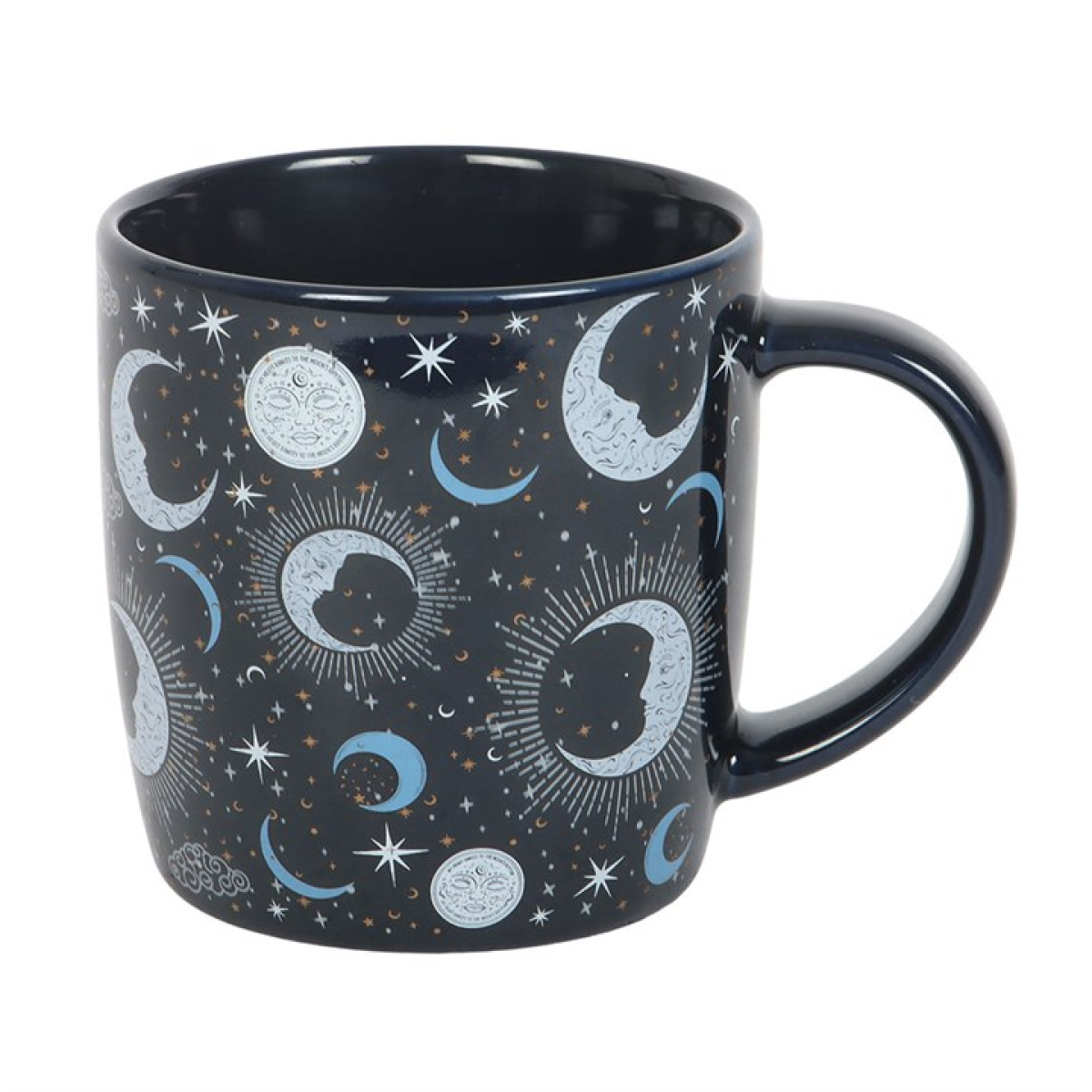 Mug with celestial design featuring moons and stars on a dark background