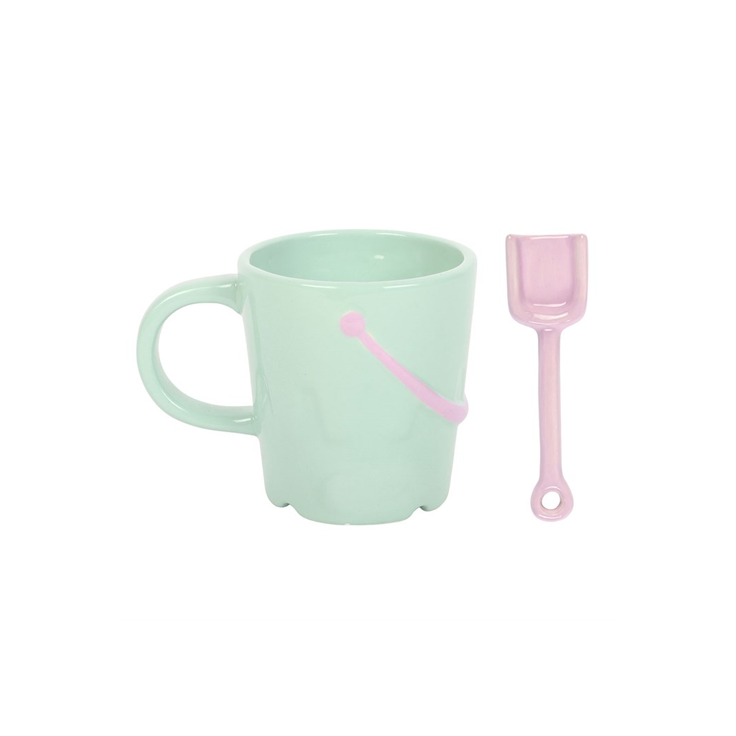 Pastel Bucket Mug with Spade Spoon | Novelty Coastal Ceramic Mug | 350ml