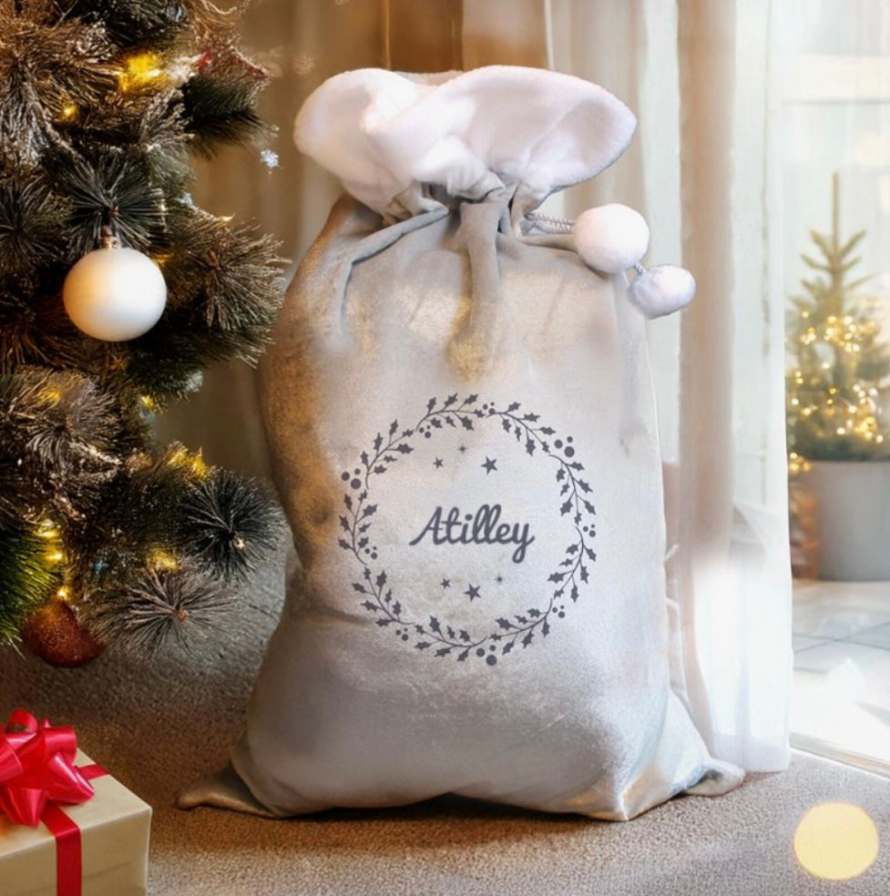 Personalised Holly Grey Christmas Sack