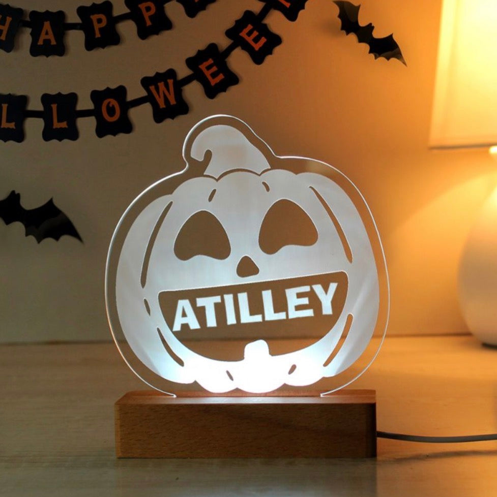 Personalised Pumpkin Wooden LED Light | Custom Halloween Décor