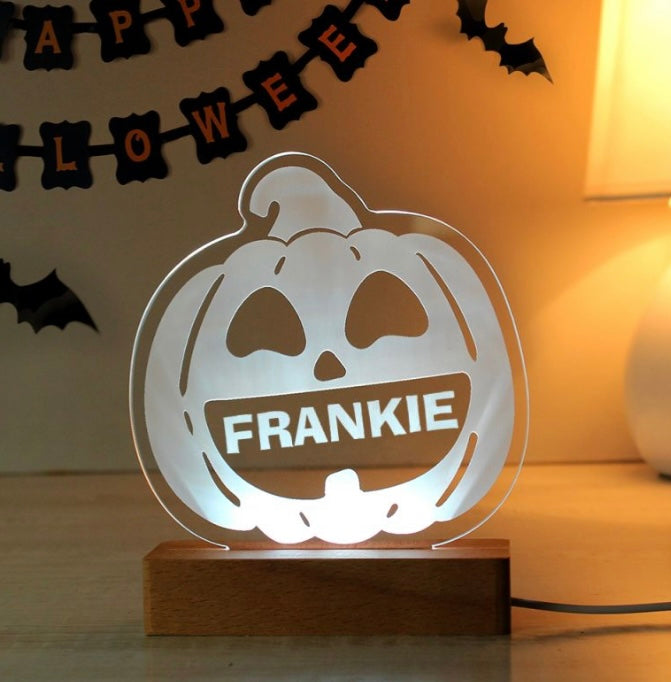 Personalised Pumpkin Wooden LED Light | Custom Halloween Décor