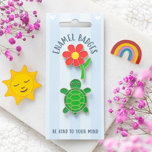 Set of 2 Turtle & Flower Enamel Pin Badges | Cute Nature-Inspired Bag & Jacket Pins