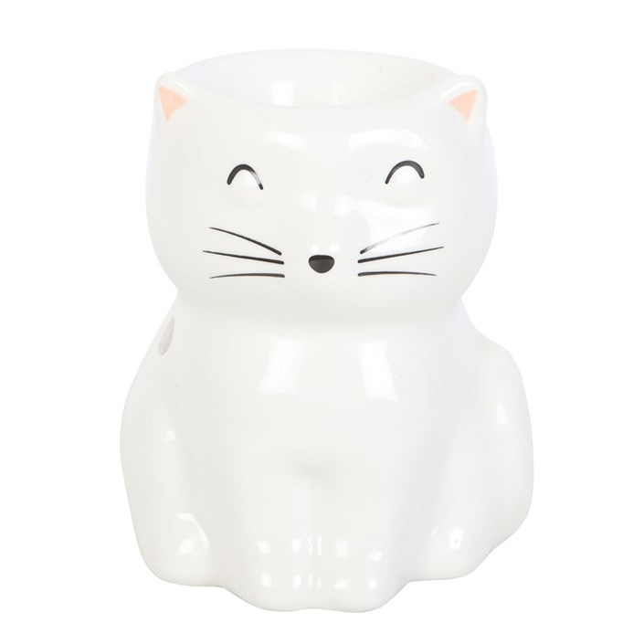 White Happy Cat Oil Burner | Ceramic Sitting Cat Wax Warmer | Cat Lover Gift
