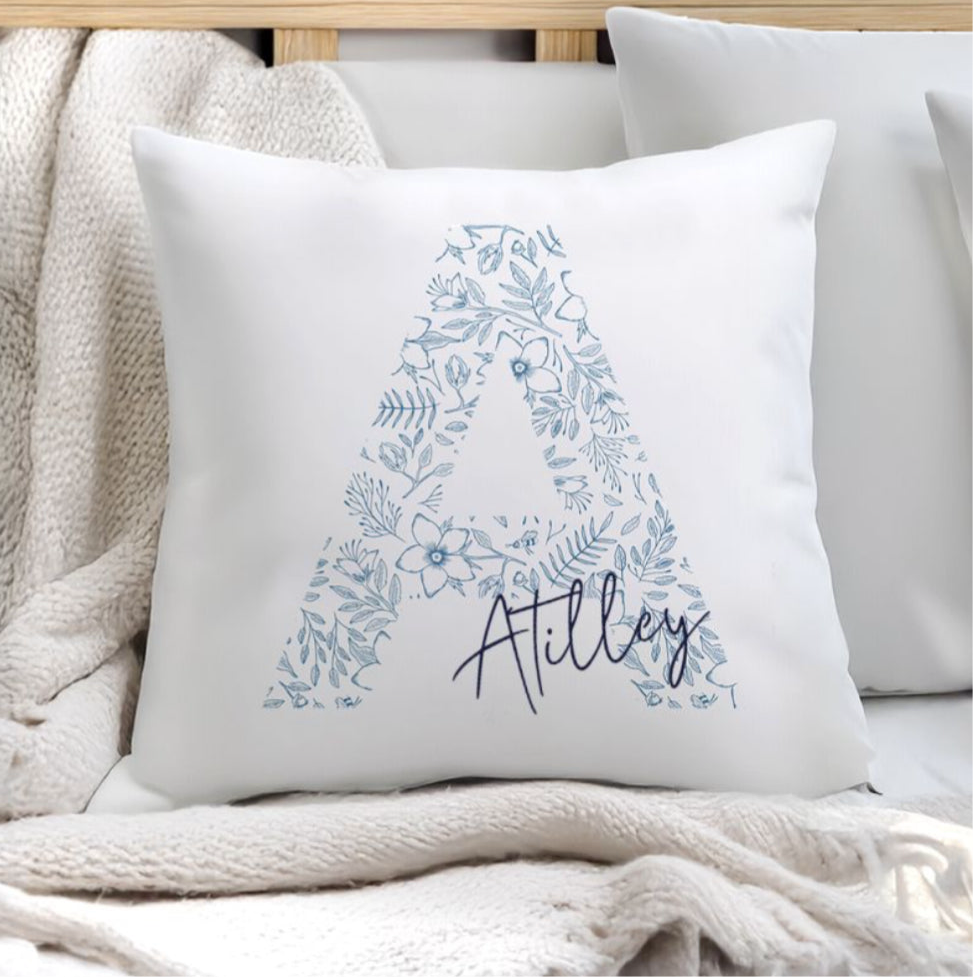 Personalised Floral Blue Initial Cushion