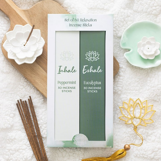 Set of 2 Inhale Exhale Incense Stick Packs | Peppermint & Eucalyptus | Yoga & Meditation | 30 Vegan Sticks Each