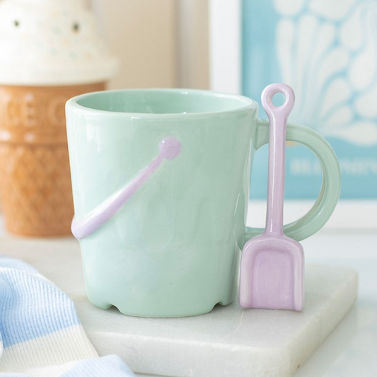 Pastel Bucket Mug with Spade Spoon | Novelty Coastal Ceramic Mug | 350ml