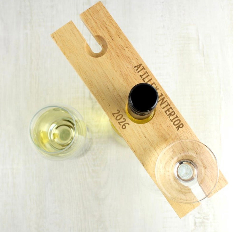 Personalised Wine Glass & Bottle Holder | Custom Wooden Butler Gift
