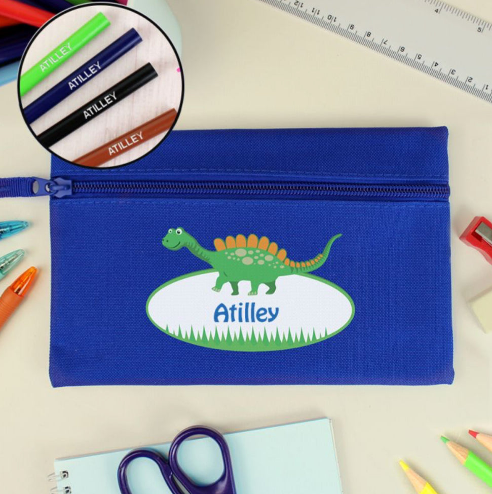 Blue Dinosaur Pencil Case with Personalised Pencils