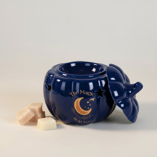 The Magic Is in You Pumpkin Oil Burner | Celestial Midnight Blue Ceramic Burner | Autumn & Halloween Gift