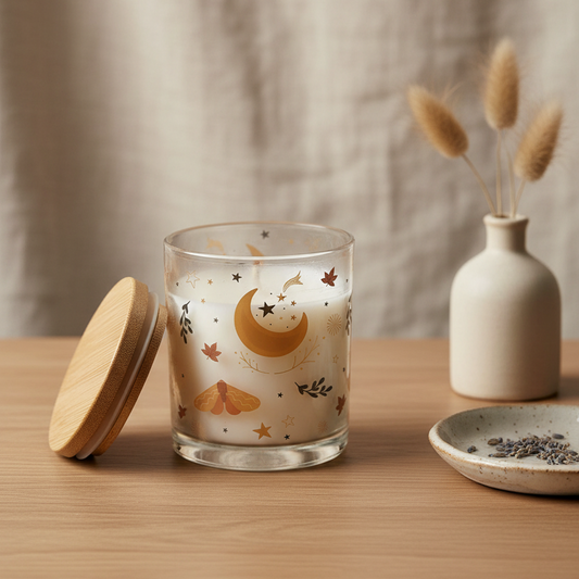 Autumn Magic Spiced Vanilla Candle | Moon & Leaf Glass Jar Candle | Cosy Autumn Home Décor Gift