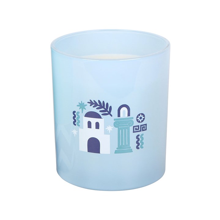Light blue candle with decorative design on a white background