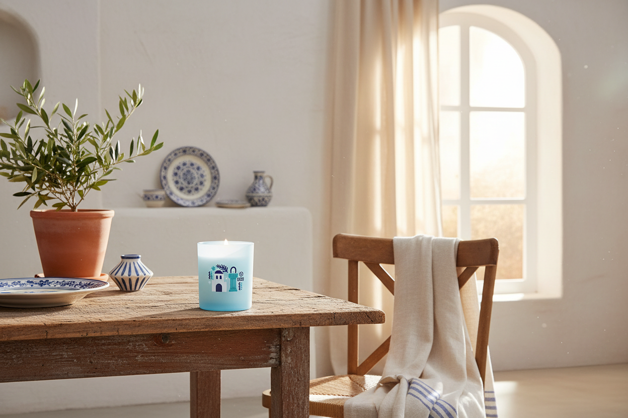 Candle on a wooden table with a chair and decorative items in a bright room.