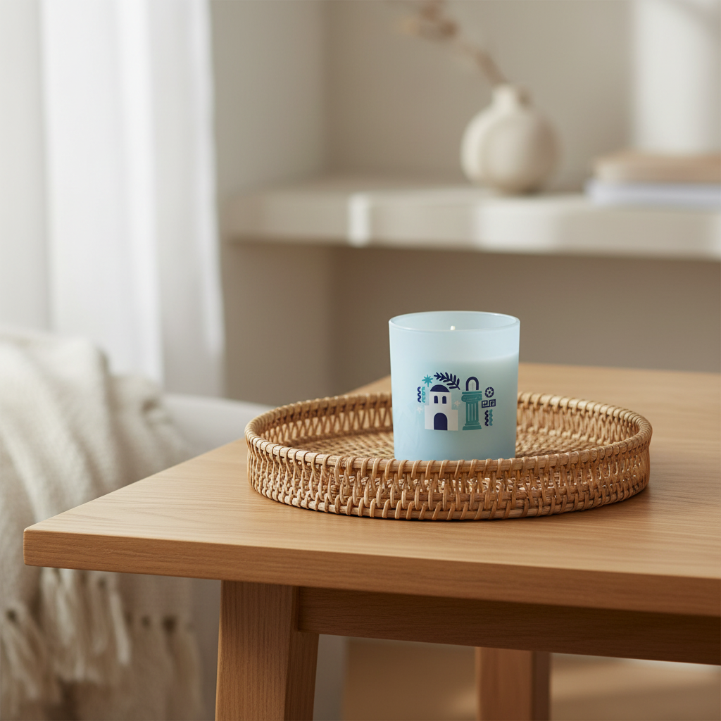 Candle with a design on a woven tray on a wooden table