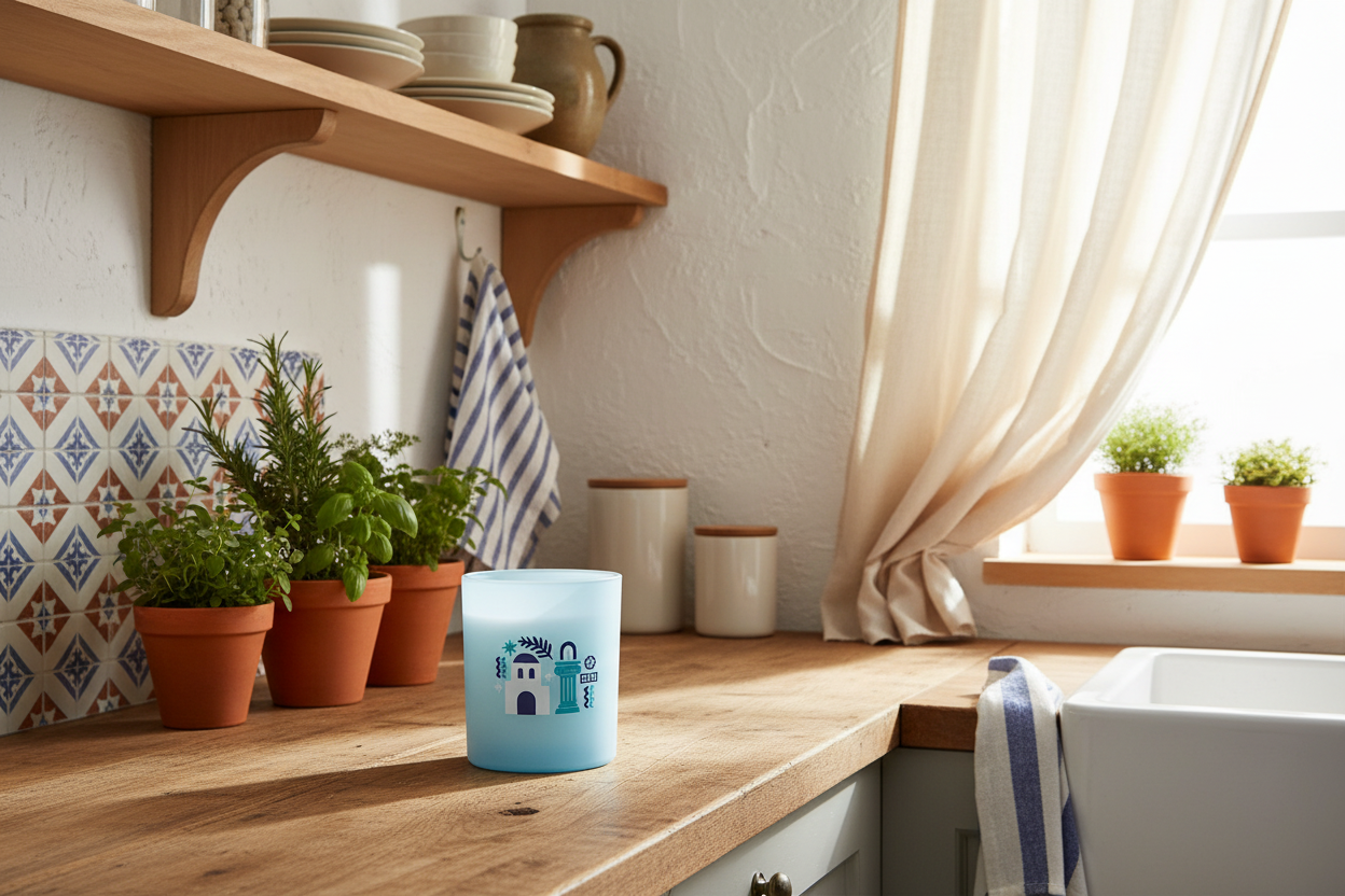 Kitchen counter with potted plants, a blue candle, and a window with curtains.