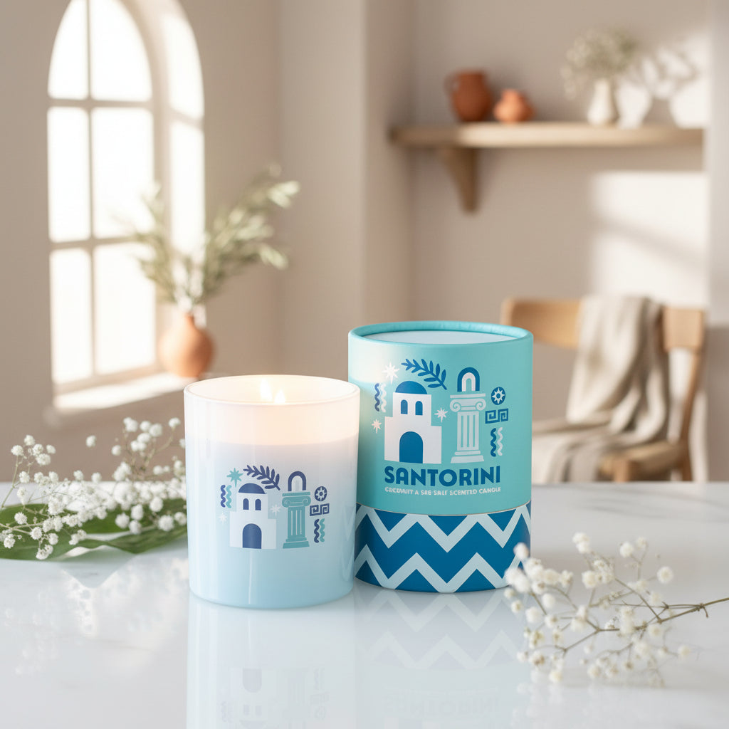 Candle and its packaging with 'Santorini' design. Shown in a Mediterranean style home
