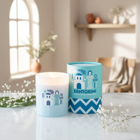 Candle and its packaging with 'Santorini' design on a blue background