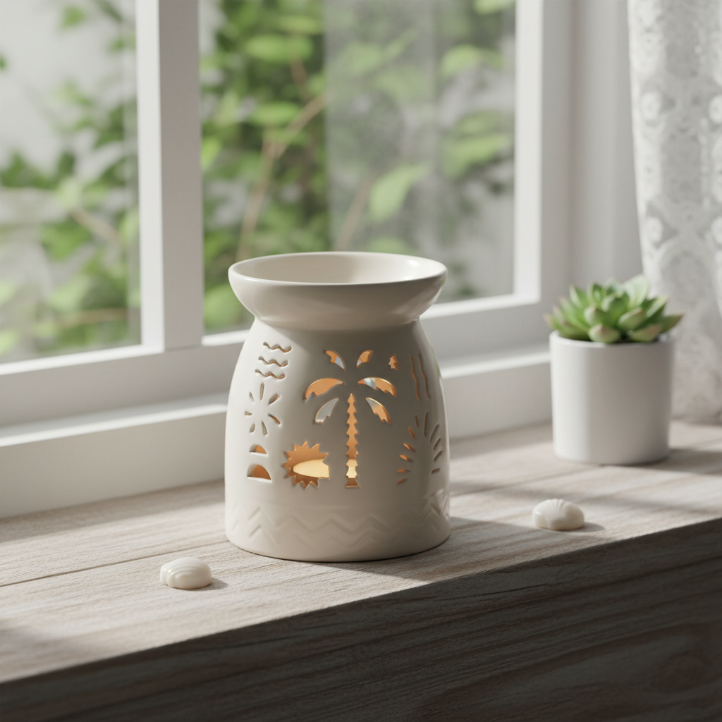 White Beach Oil Burner | Coastal Palm Cut-Out Wax Burner | Summer Home Fragrance Gift