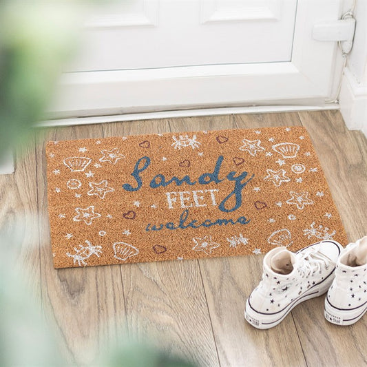 Natural Coir Doormat – ‘Sandy Feet Welcome’ Coastal Beach Design