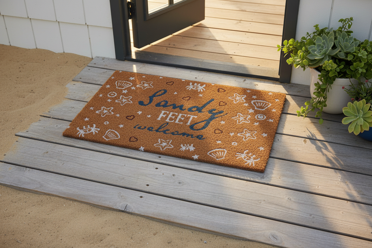 Natural Coir Doormat – ‘Sandy Feet Welcome’ Coastal Beach Design