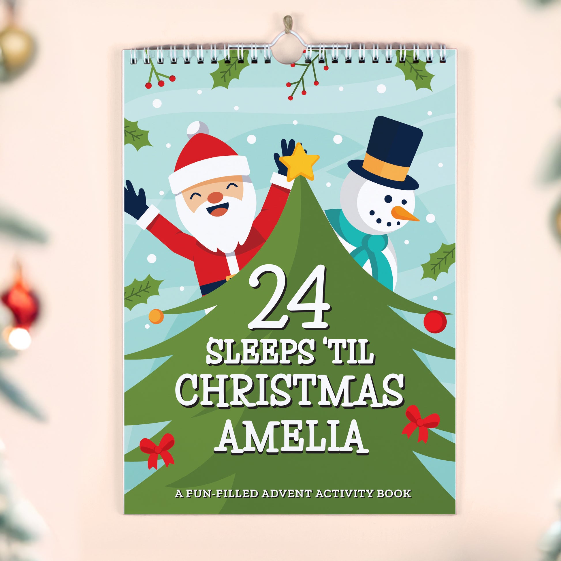 Advent activity book with Santa and snowman on a Christmas tree, personalised for 'Amelia'.