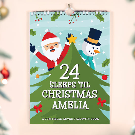 Advent activity book with Santa and snowman on a Christmas tree, personalised for 'Amelia'.