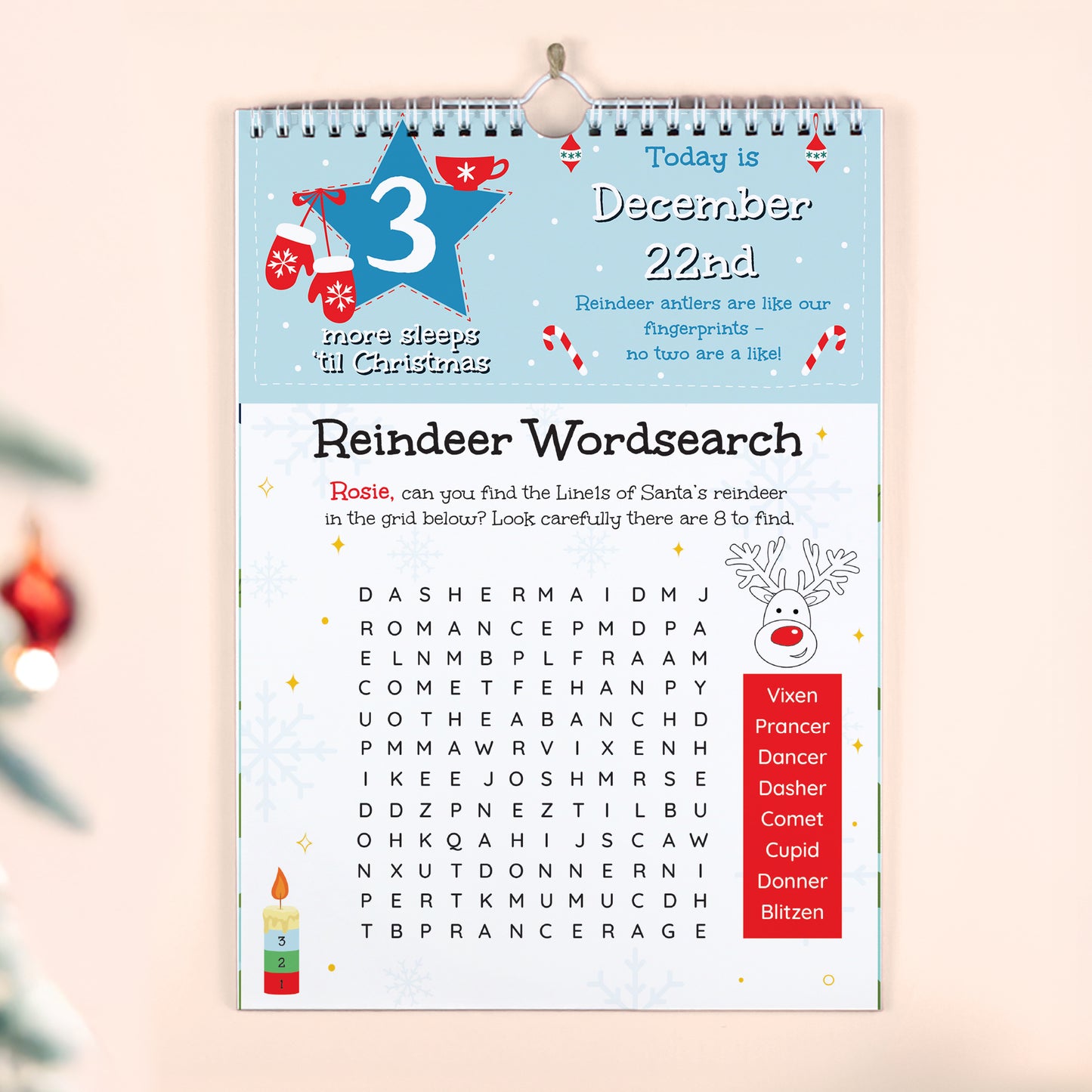 Christmas countdown calendar with word search puzzle on a light background
