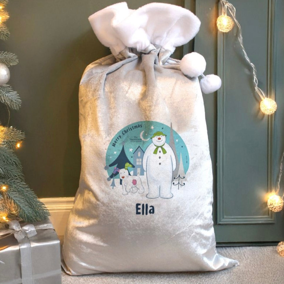 Personalised The Snowman and the Snowdog Luxury Silver Grey Pom Pom Sack