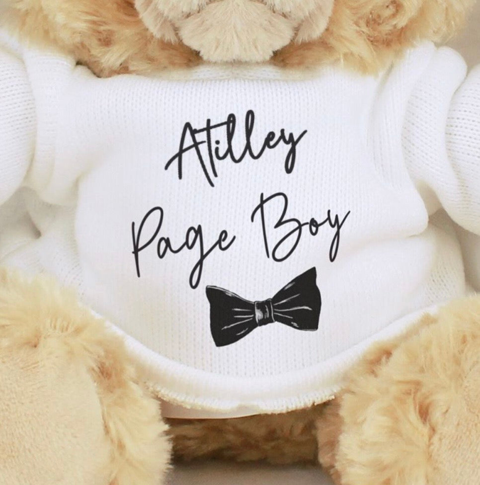 White shirt with 'Page Boy' text and bow tie graphic on a teddy bear.