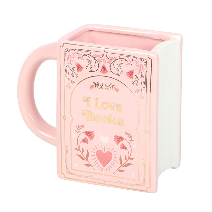 Pink mug designed like a book with 'I Love Books' text on a white background