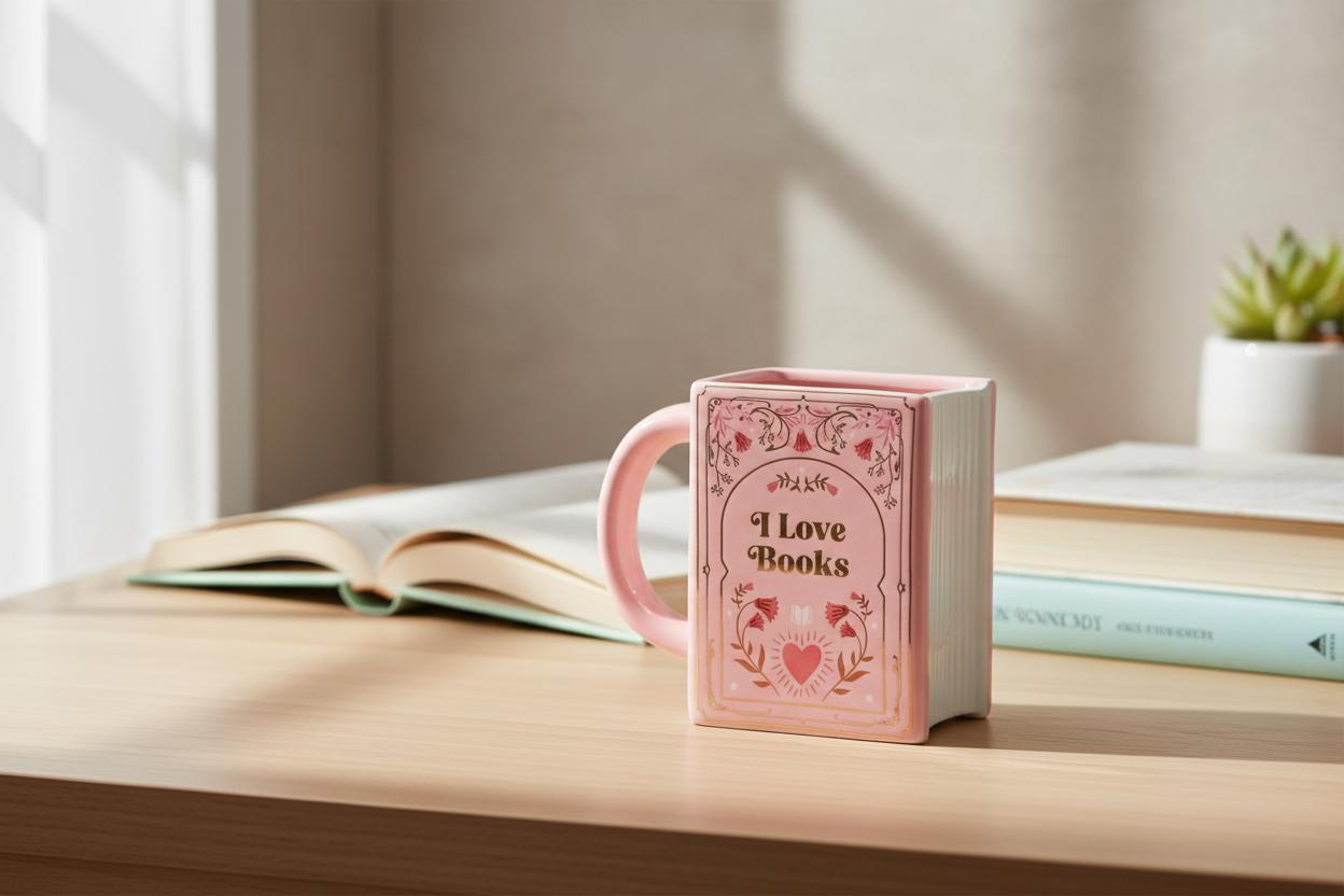 I Love Books Pink Book Shaped Mug