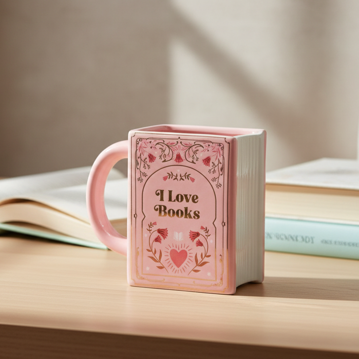 I Love Books Pink Book Shaped Mug