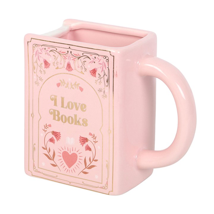 Pink mug designed like a book with 'I Love Books' text on a white background