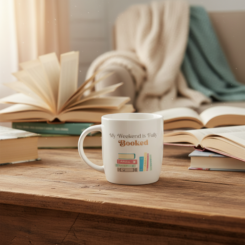 "My Weekend is Fully Booked" Ceramic Mug – 350ml Book Lover Gift