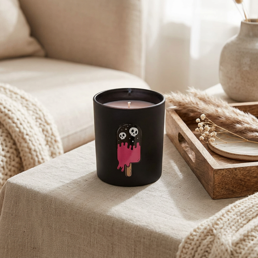 A black candle jar with a pink popsicle graphic featuring two skulls, styled on a beige linen-covered table next to a wooden tray with dried grasses.