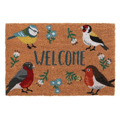 A rectangular coir doormat with a 'Welcome' text and illustrations of various British garden birds including a Blue Tit, Robin, Goldfinch, and Bullfinch.