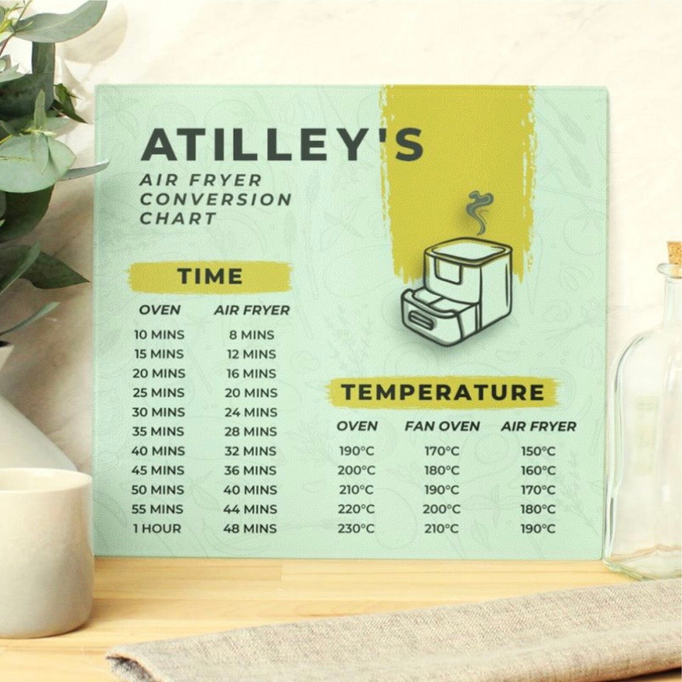 Personalised Air Fryer Chart Glass Chopping Board/Worktop Saver