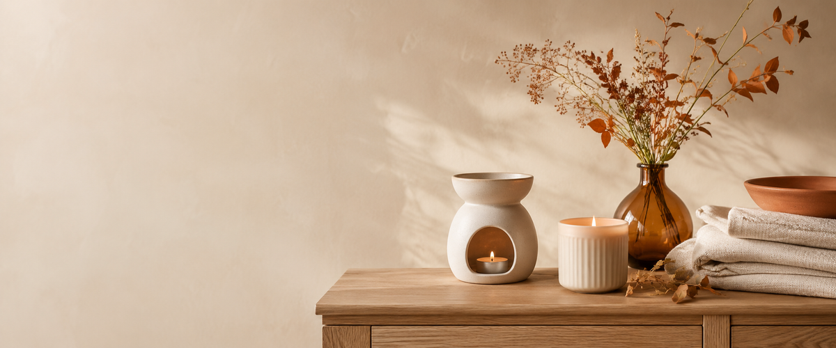 Autumn home décor with ceramic oil burner, candle, amber vase and neutral linens