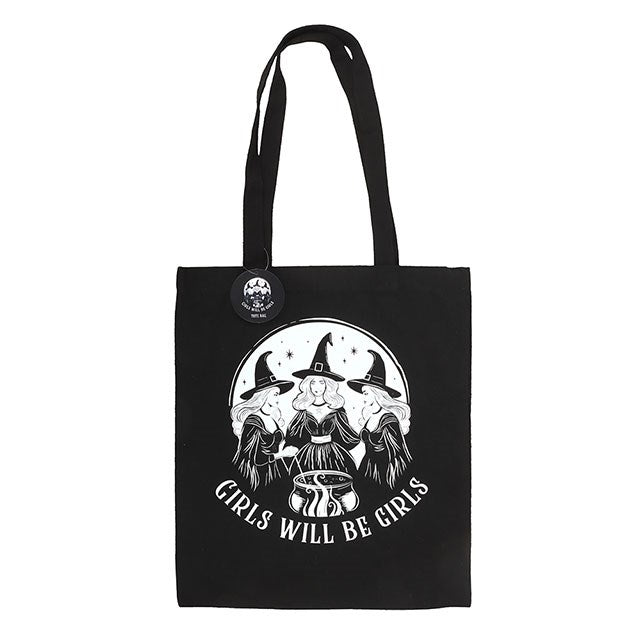 Black tote bag with a graphic of two witches and the text 'Girls Will Be Girls' on a white background.
