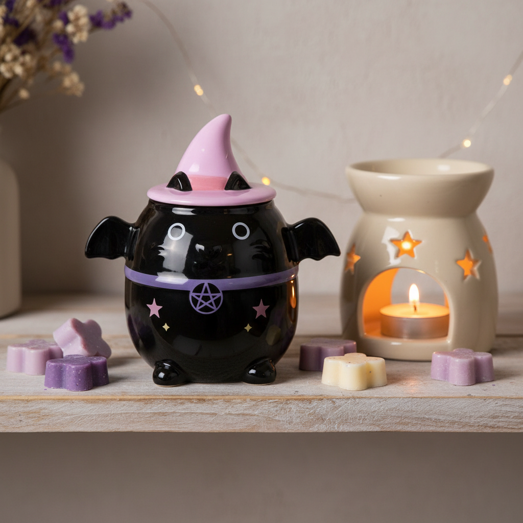 Pastel Bat Cat Oil Burner | Witchy Home Fragrance & Spooky-Cute Halloween Decor Gift