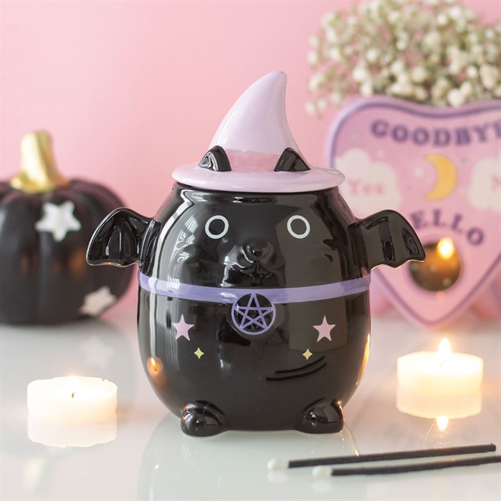 Pastel Bat Cat Oil Burner | Witchy Home Fragrance & Spooky-Cute Halloween Decor Gift