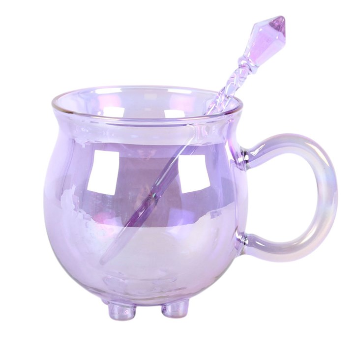 Purple Double Walled Glass Cauldron Mug with Spoon