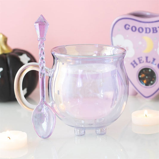 Purple Double Walled Glass Cauldron Mug with Spoon | Mystical Drinkware | 300ml