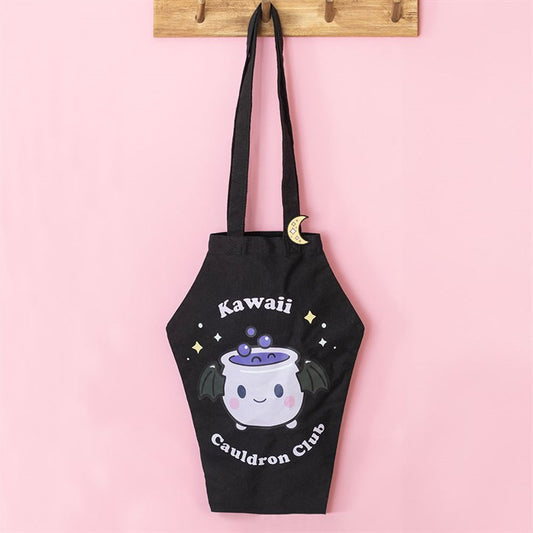 Kawaii Cauldron Club Coffin Shaped Tote Bag with Crescent Moon Enamel Pin Badge | Gothic Kawaii Bag