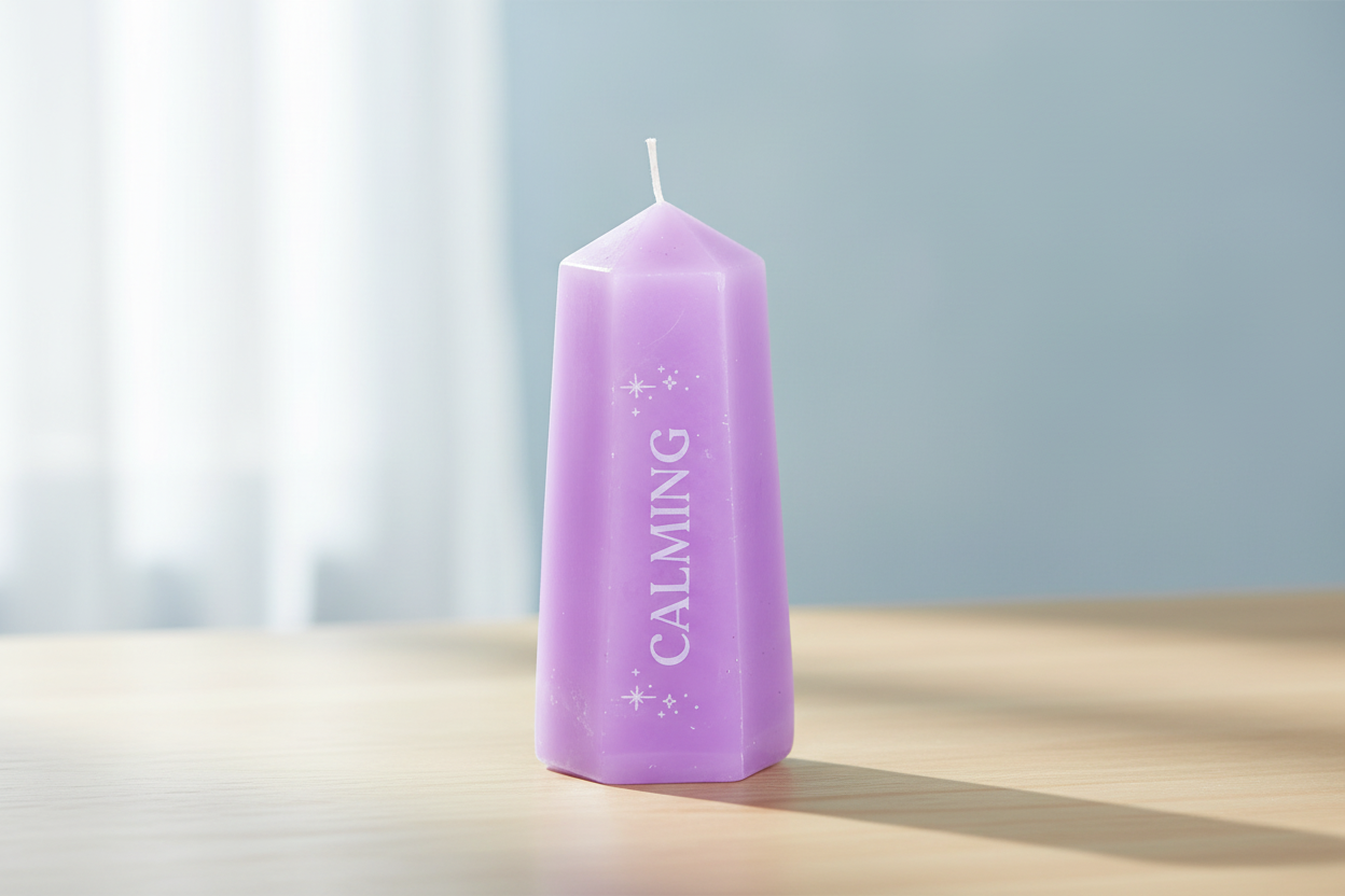 Purple candle labeled 'Calming' on a light surface with a blurred background