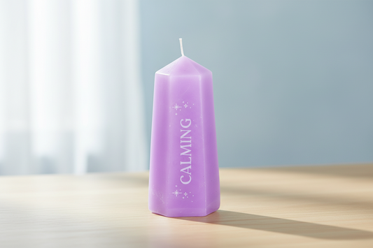 Purple candle labeled 'Calming' on a light surface with a blurred background