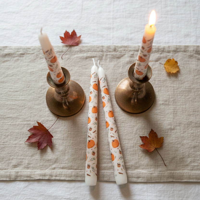 decorative taper candles with an orange and brown autumn leaf pattern are arranged on a white table runner with two lit bronze candlesticks and scattered fall leaves.