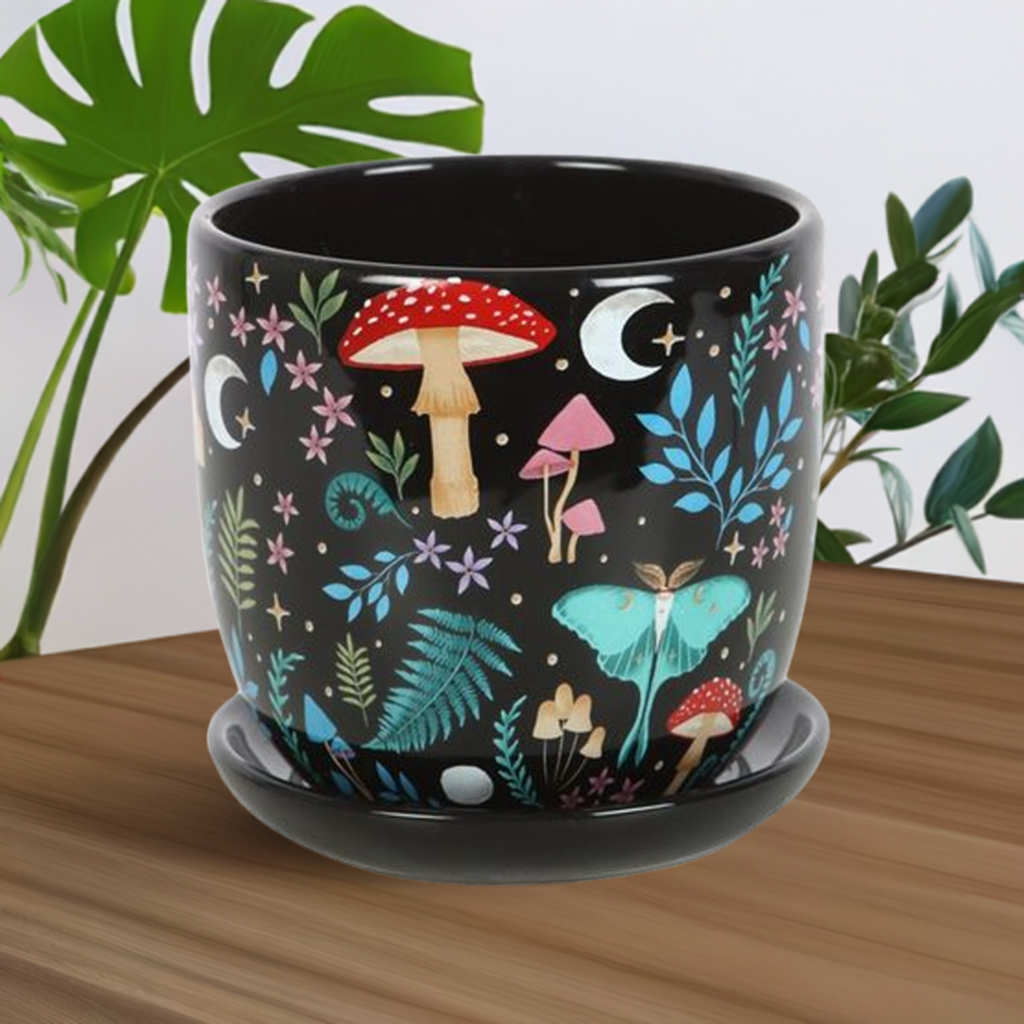 Dark Forest Print Ceramic Plant Pot with Saucer